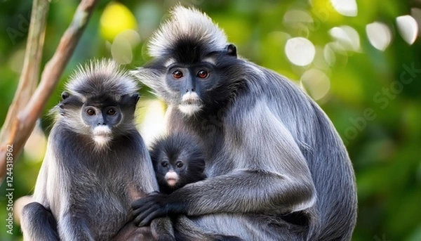 Fototapeta Silvery Lutung Frolicking Amongst Lush Tropical Rainforest Canopy, Displaying Playful Agility and Grace in the Dappled Sunlight