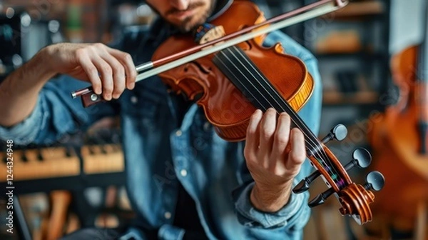 Fototapeta A man is playing a violin in a room with a keyboard