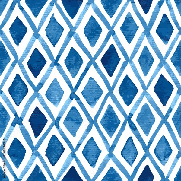 Fototapeta Hand painted watercolor rhombuses and diagonal grid in blue. Seamless vector pattern