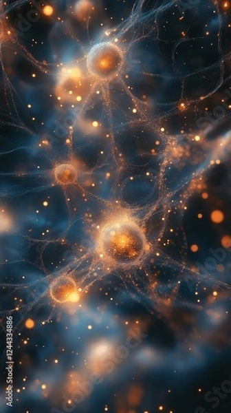 Fototapeta Neural Network Abstract Science: Glowing Neurons and Electrical Signals in Creative Technology and Microscopic Visualization in a Blue Background