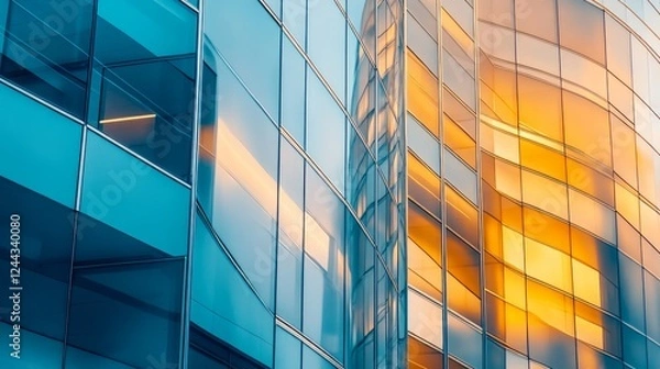 Fototapeta Modern Glass Building Facade with Colorful Reflections at Sunset