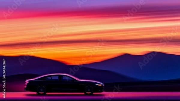 Obraz Silhouette of a car driving against a vibrant sunset landscape with mountain in the background
