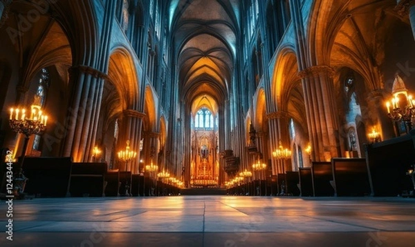 Fototapeta Magnificent gothic cathedral interior with soaring arches and glowing candles, a tranquil space of awe and reverence.