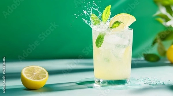 Fototapeta Refreshing Lemonade with Mint - A glass of icy lemonade with fresh mint and lemon slices, creating a refreshing summer drink.  Perfect for hot days.
