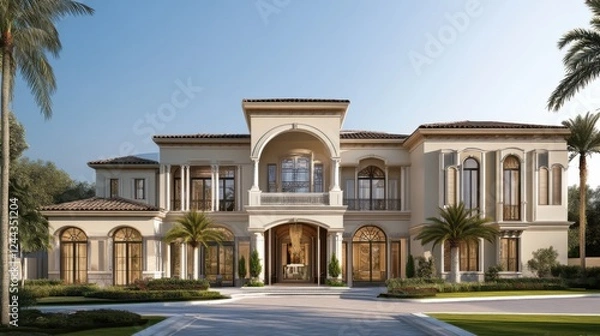 Fototapeta Luxury villa construction in a serene neighborhood modern architecture bright day