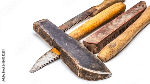 Obraz Axe with long handle and saw black tools silhouettes isolated on white background