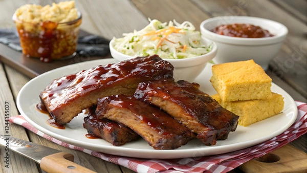 Fototapeta BBQ ribs, smoky glazed meat, coleslaw, cornbread, baked beans, rustic plating, comfort food, Southern cuisine, picnic table setting, gingham napkin, savory barbecue sauce, wooden table, casual dining,