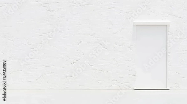 Fototapeta White Door Against White Wall - A minimalist image of a small white door set against a textured white wall.  Clean and simple design.