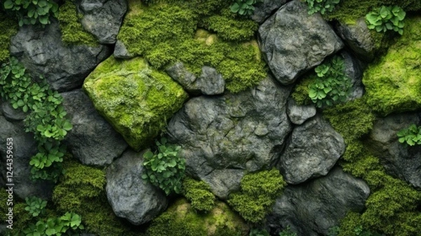 Fototapeta Lush green moss covering textured stone, forming a vibrant and detailed nature-inspired background, perfect for eco-friendly theme, environmental visual, or landscape design