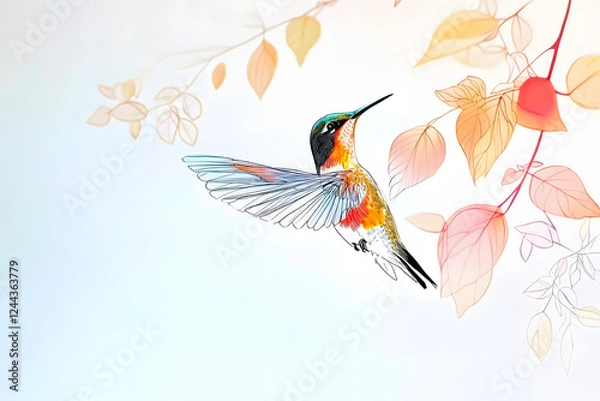 Fototapeta This delicate illustration of a hummingbird in flight blends fine lines and soft pastel tones, evoking a sense of freedom, lightness, and serene harmony with a modern artistic touch