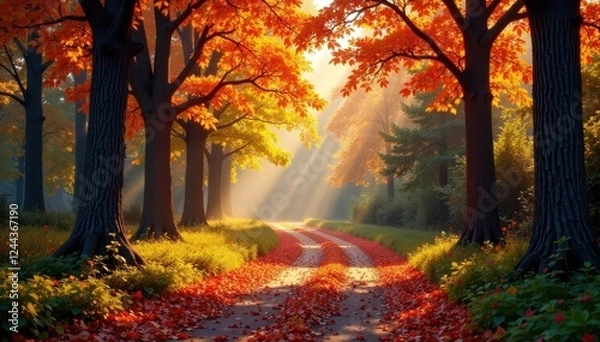 Fototapeta Crisp autumn air, sunlit canopy above a colorful forest path , yellow, forest