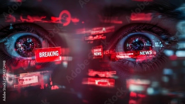 Fototapeta Eyes reflecting urgency of breaking news in a digital world during nighttime