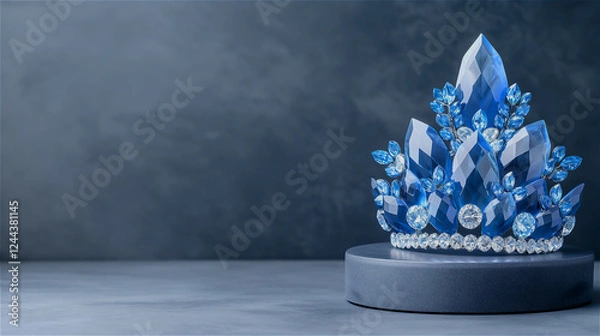Obraz A striking blue crown is elegantly perched atop a vibrant blue podium, creating a stunning visual display of color and craftsmanship, copy space