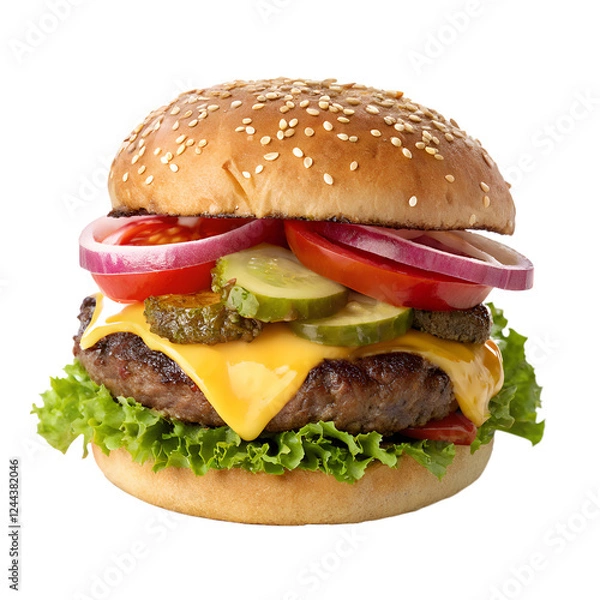 Fototapeta Juicy cheeseburger with fresh toppings. Isolated on a transparent background, PNG.
