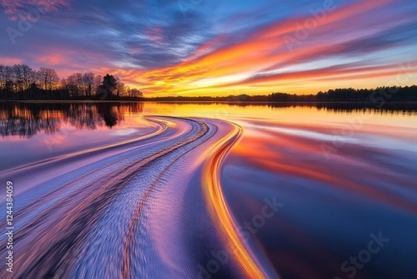 Fototapeta Vibrant lake at sunset with colorful sky, reflecting water, and dynamic boat trail, showcasing peaceful nature, outdoor adventure, and travel destination concept