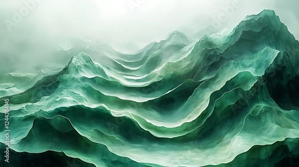 Fototapeta Misty green mountain landscape, digital art, serene background, website banner