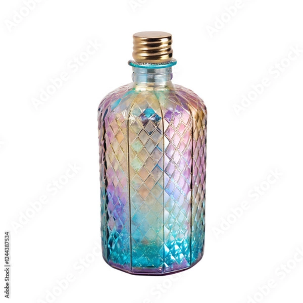 Fototapeta Iridescent glass bottle with a gold cap. Isolated on a transparent background, PNG.