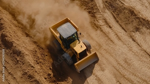 Fototapeta Aerial view of a yellow bulldozer working on a dusty construction site with tire tracks visible