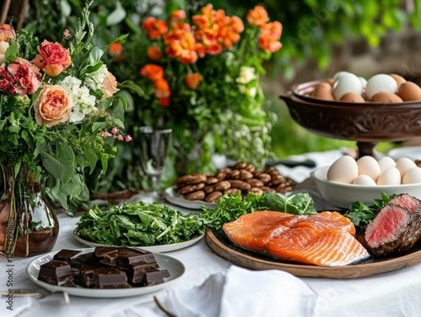 Fototapeta Paleo Diet Feast: An enticing spread of paleo-friendly foods including salmon, steak, eggs, nuts, and dark chocolate, beautifully arranged on a white tablecloth in a garden setting.