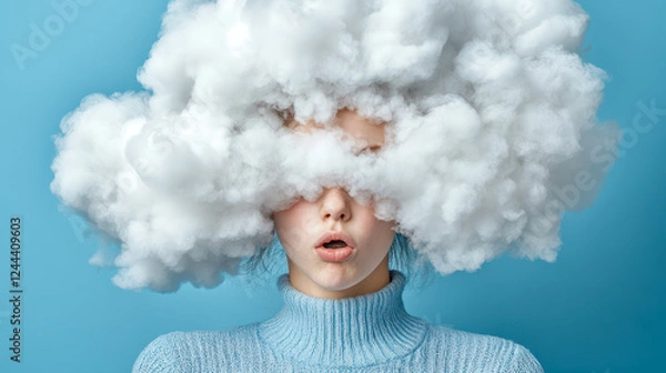 Obraz Beautiful young woman with white cloud engulfing her head. Studio shot on blue background. Brain fog concept