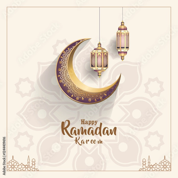 Fototapeta islamic greeting card ramadan kareem template design with crescent and lanterns