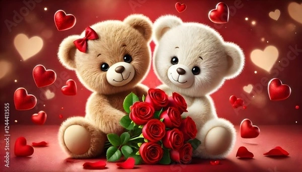 Obraz teddy bears in love, holding rose flowers, greeting card, with hearts on a red background