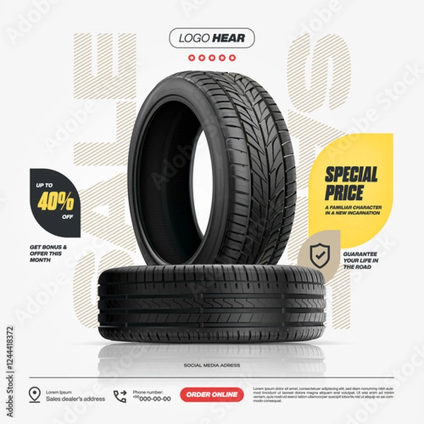 Fototapeta Tyres advertisement poster on light background. Web design. Promotion. Tyre store.