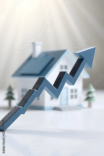 Fototapeta Immobilier hausse fleche bleue devant maison blanche