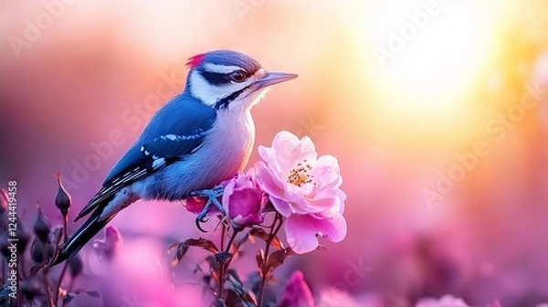 Fototapeta   A bird perched on a pink blossom near another bird atop the same flower in shades of blue and white