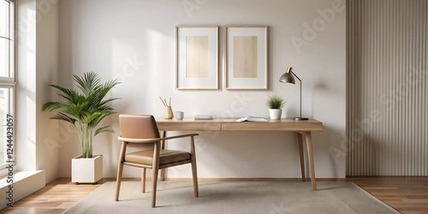 Fototapeta Cozy and modern workspace with wooden desk, natural light and greenery in contemporary interior design