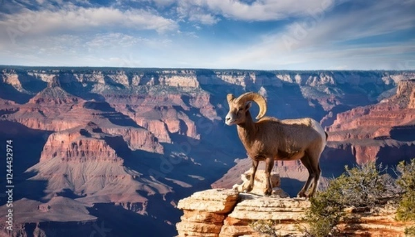 Fototapeta Majestic Bighorn Sheep Silhouette Overlooking the Grand Canyons Red Rock Abyss, Showcasing the Stark Beauty of a Desert Sunset.