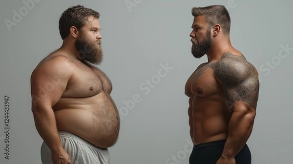 Fototapeta Muscular man and an overweight man stand face to face against a neutral background, symbolizing transformation, fitness goals, and body change