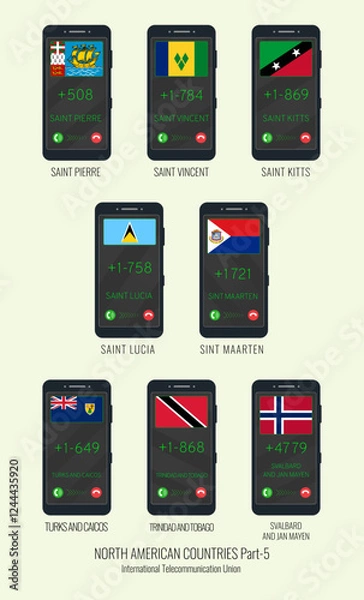 Fototapeta Set of vector illustrations of international country codes and flags of NORTH AMERICAN COUNTRIES . Part 5.
