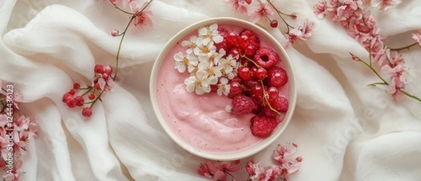Fototapeta Pink smoothie bowl topped with fresh raspberries, red currants, and delicate blossoms.