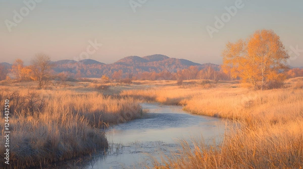 Fototapeta Autumn River Landscape Sunrise over golden meadow, calm river flowing through, misty mountains background. Ideal for nature, travel, and seasonal design