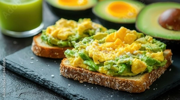 Fototapeta Scrumptious avocado toast topped with fluffy scrambled eggs and a sprinkle of salt. A healthy and delicious breakfast or brunch option.