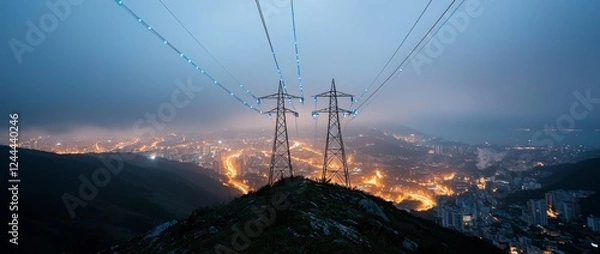 Obraz High power electricity poles in an urban area linked to a smart grid. Energy supply, energy distribution, energy transmission, high voltage supply concept photo