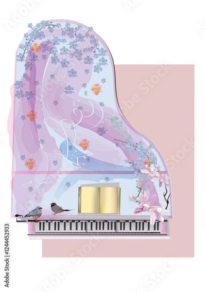 Obraz Spring music. Abstract piano decorated with birds, snowdrops, daffodils and other flowers. Hand drawn vector illustration.