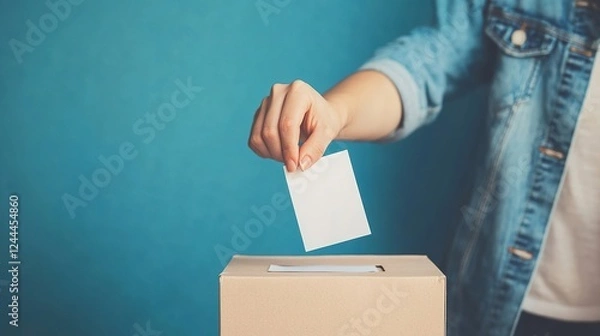 Fototapeta Anonymous person putting a vote in a ballot box against blue background