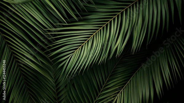 Fototapeta Palm Leaves in Close-up on a Black Background, Realistic