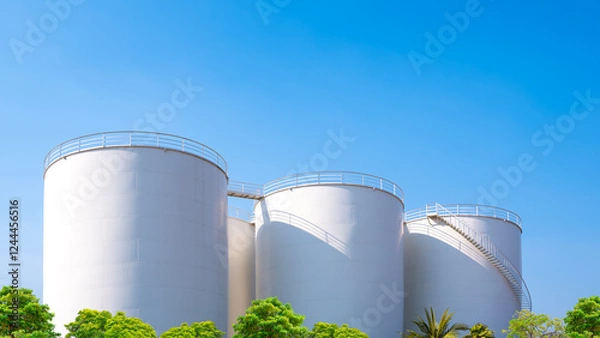 Obraz Storage fuel tanks behind row of green trees against blue sky background, Improving industrial landscape area with sustainable environmental concept, low angle view