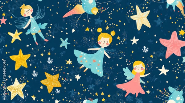 Fototapeta Cute kawaii stars and twinkle characters seamless pattern. Vector funny, whimsical and charming background with adorable celestial personages sparkles across the backdrop, textile, tile or wallpaper