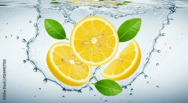 Fototapeta Bright yellow lemon slices in mid-air complemented by fresh green leaves isolated on a white background