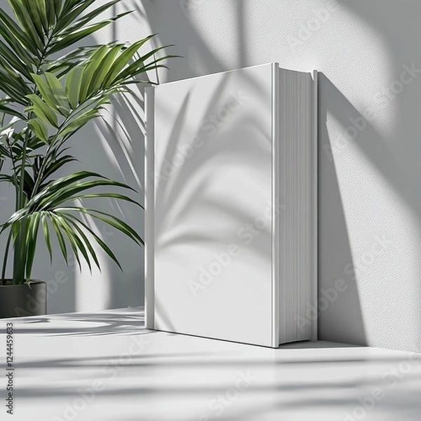 Obraz Minimalist scene featuring a blank book beside a potted plant with shadows on the wall
