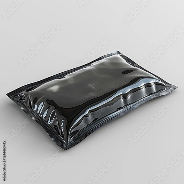 Obraz Glossy black packaging pouch on a clean surface, highlighting its sleek design and reflection