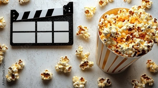 Obraz A cinematic scene featuring a popcorn bucket and a clapperboard on a textured surface