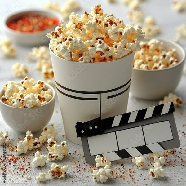 Obraz A close-up of popcorn in various bowls, with a film clapperboard, evoking movie night