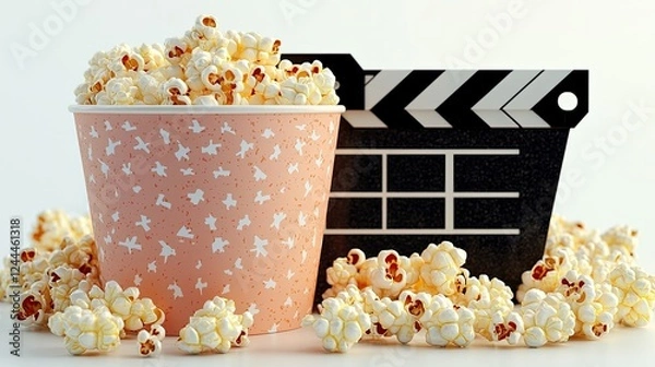 Obraz A vibrant bowl of popcorn beside a film clapperboard, set against a bright background