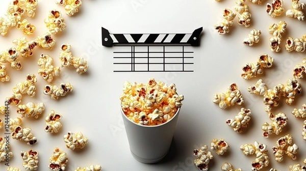 Obraz A bucket of freshly popped popcorn surrounded by scattered kernels and a film clapperboard