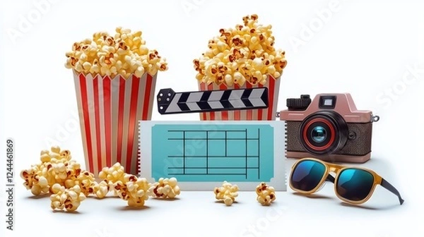Obraz Colorful movie night setup with popcorn, camera, film clapper, ticket, and sunglasses